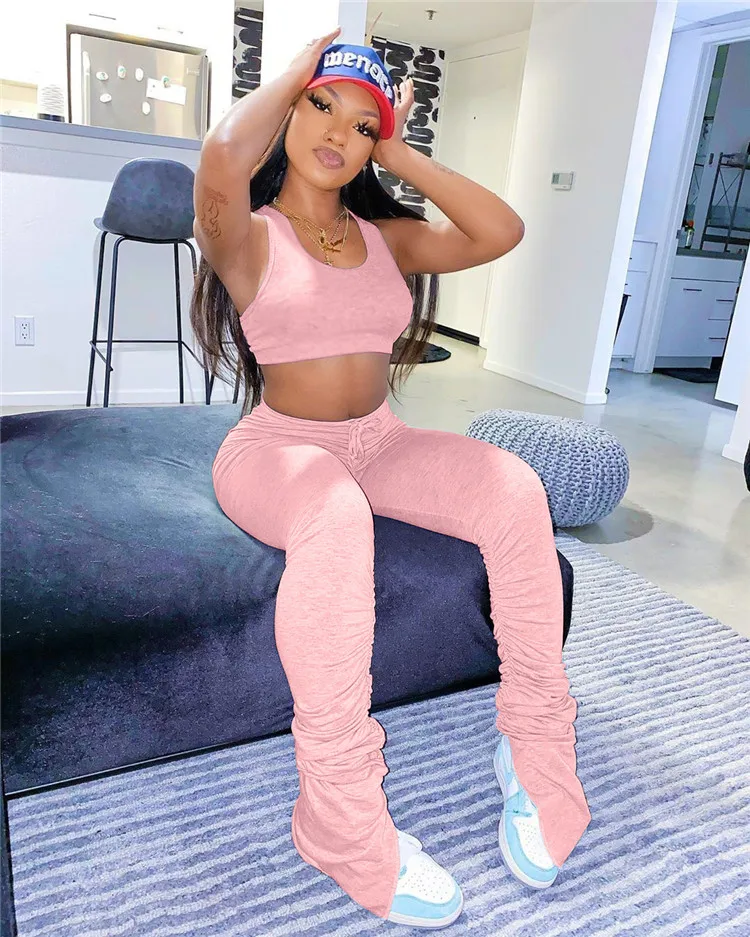 2020 Women Solid Color Yoga Slit Pants Joggers Sports Stacked Trousers Leggings Stacked For Women Two Piece Set