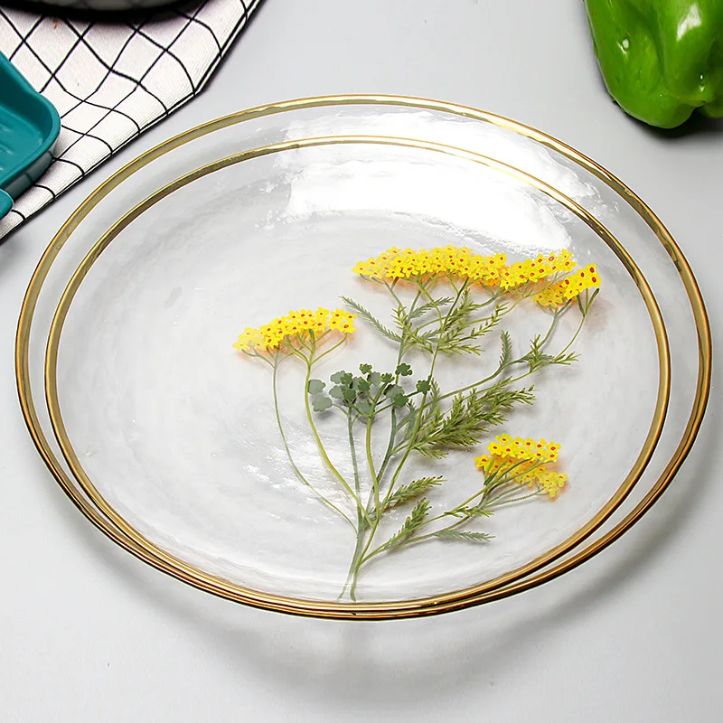 wholesale flower 12 inch round glass plate floral fruits microwave oven glass plate