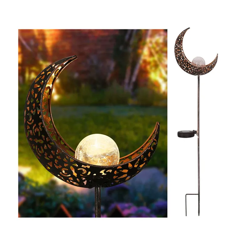 Warm White Outdoor Metal Bronze Moon Crackle Glass Globe Solar Powered Retro Stake Lights for Pathway Lawn Patio Courtyard Decor