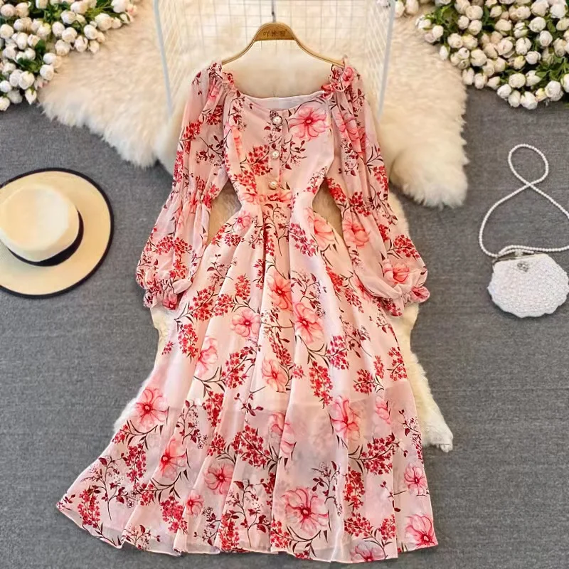 Chiffon new  dress with square neck and long sleeves elegant casual dress