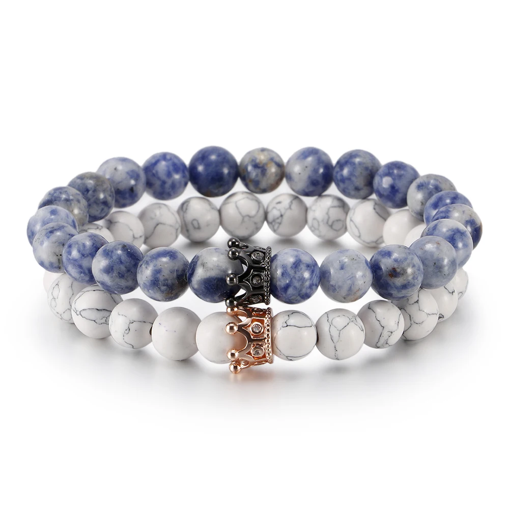 fashion jewelry wholesale  copper crown and natural stone simple couple bracelet leather