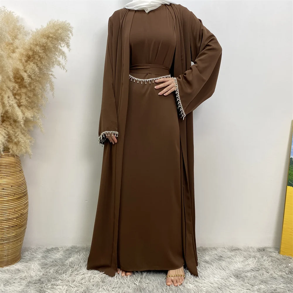 2006+6595# Elegant Muslim Women Dress Eid Diamond Abaya with Sleeveless Inner Two Pieces One Set