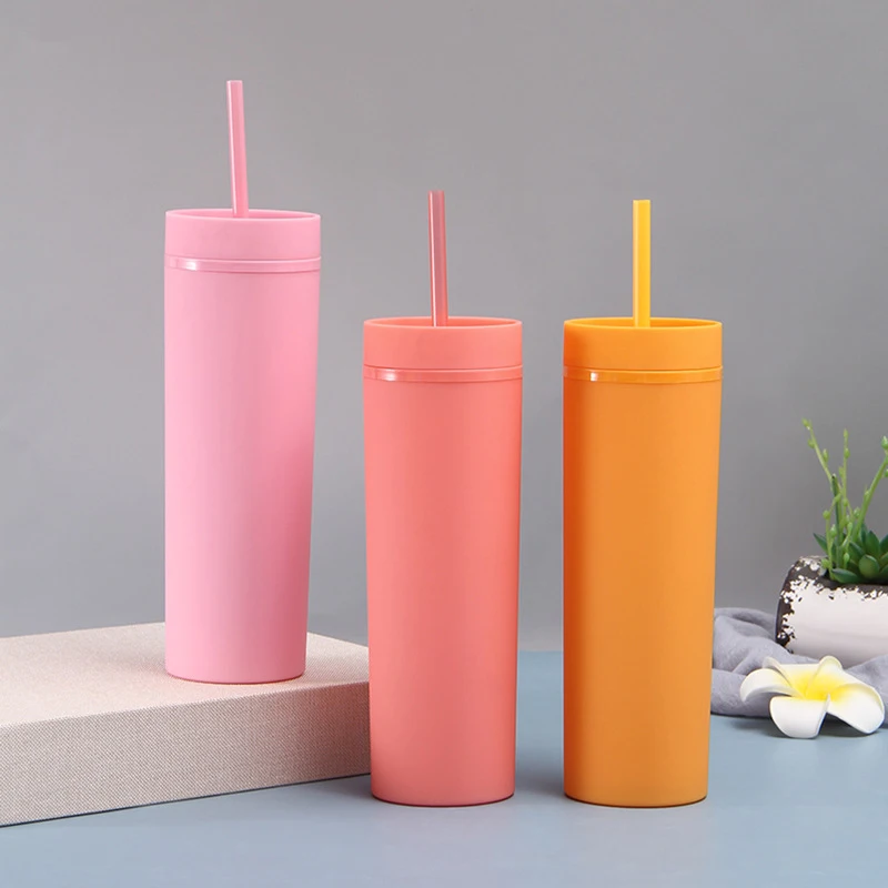 16oz/473ml Double Wall Insulated Skinny Acrylic Tumblers with Straw and Lid