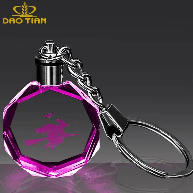 wholesale hallowmas gift 3d laser crystal keychain with led light custom glass diamond keychain for holiday  gifts
