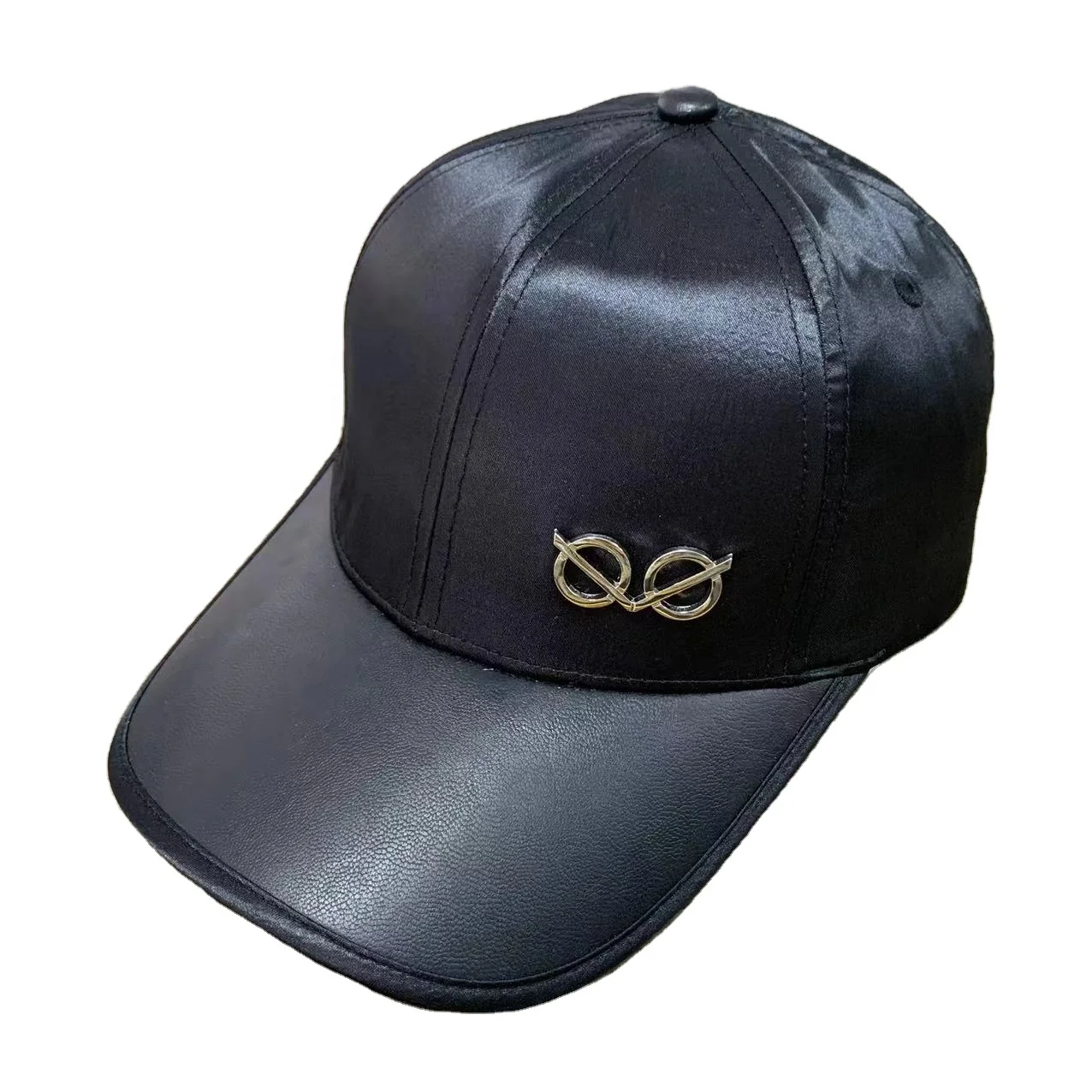 Blank Shiny Satin Fashion Hats Custom Metal Patch Binding Brim Black Satin Baseball Cap Hat With Silk Lining