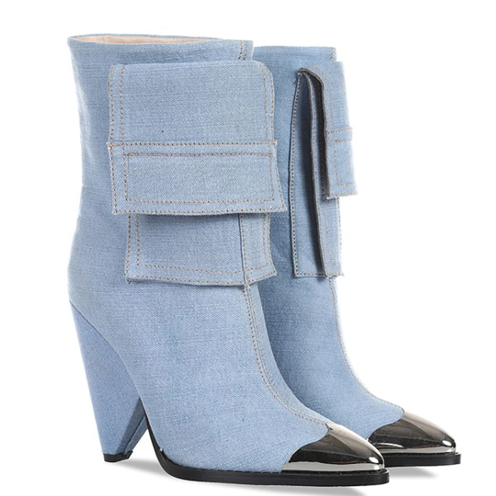 Unique strange wedge heel jeans ankle boots Blue denim women short fashion boots metal pointed toe  lady booties shoes