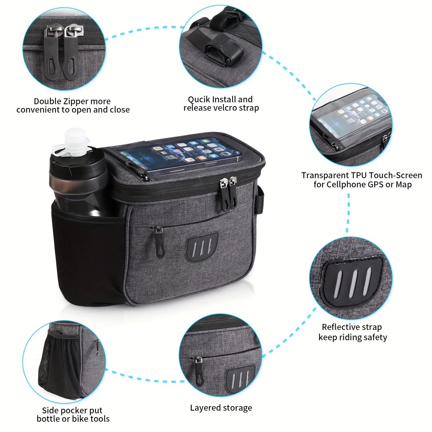 Bike Handlebar Bag Large Bicycle Front Storage Pouch Bag 6.5 inch Transparent Pouch with Shoulder Strap