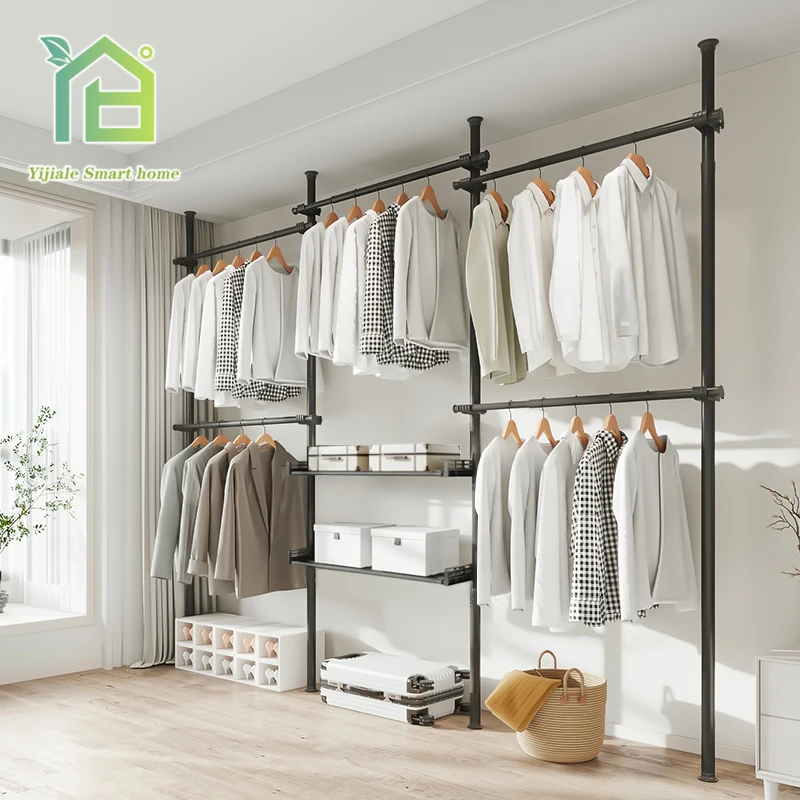 High quality length spring adjustable closet hanging wardrobe wardrobe organizers no punching metal combined children cabinet