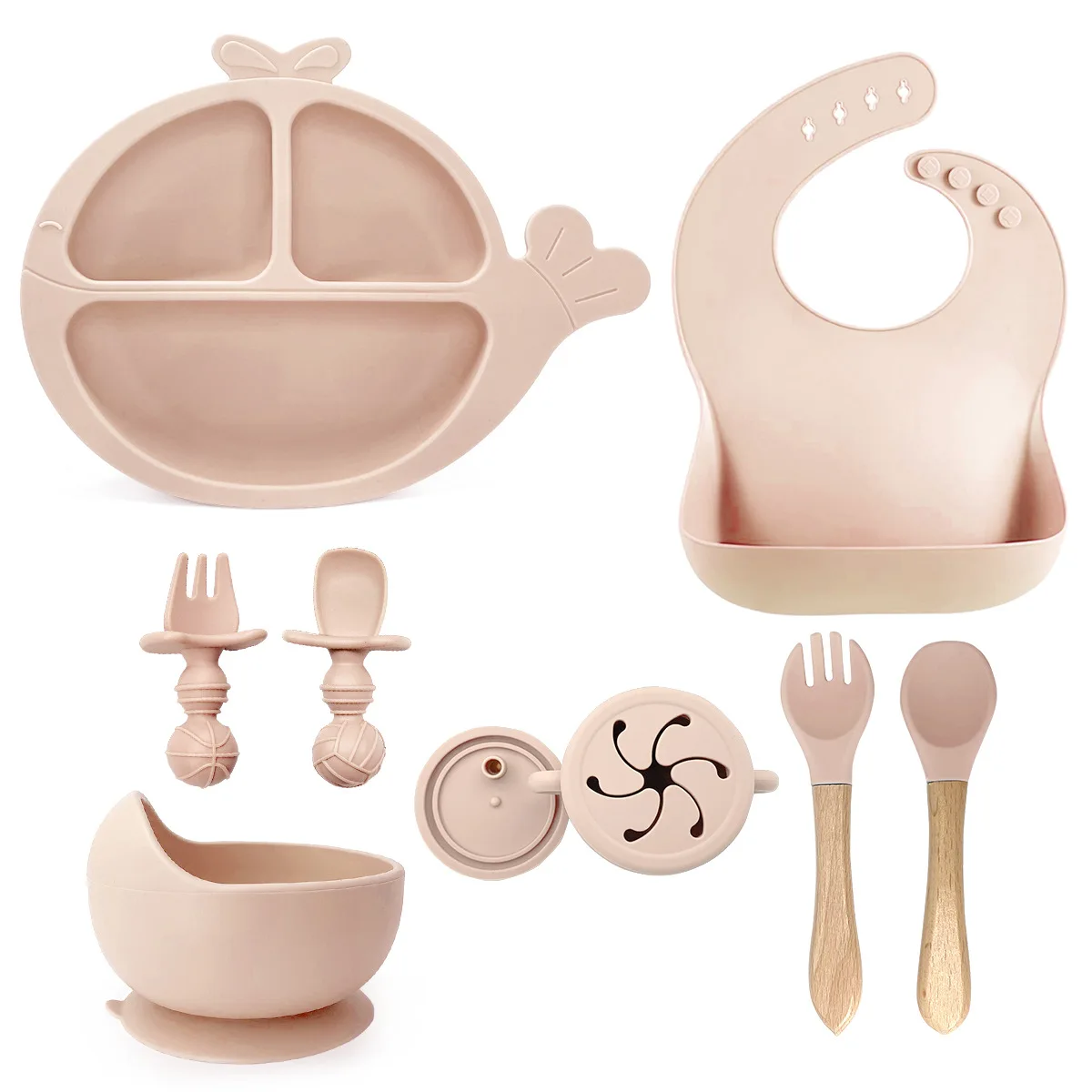 8 Pcs Baby Silicone Tableware Complementary Food Bowl Plate Whale Divide the Eating Bib Knife and Fork
