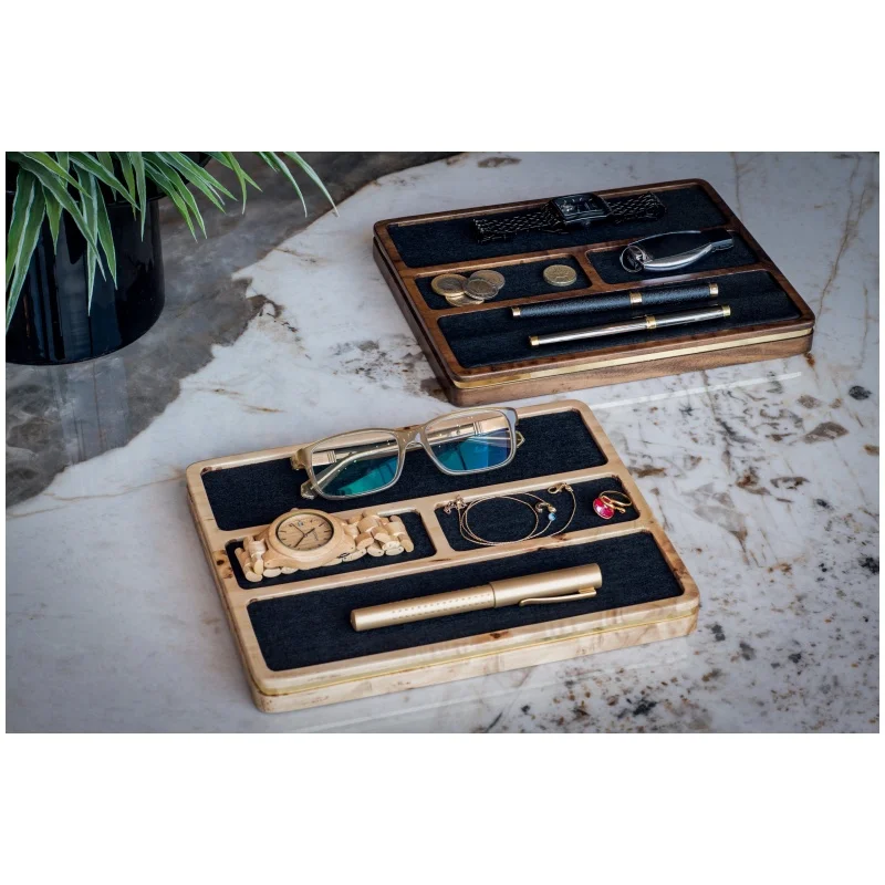 Wooden Valet Tray Nightstand Organizer Tray for Men Walnut Wood Compact Wood Desk Organizer Tray With Four Compartments