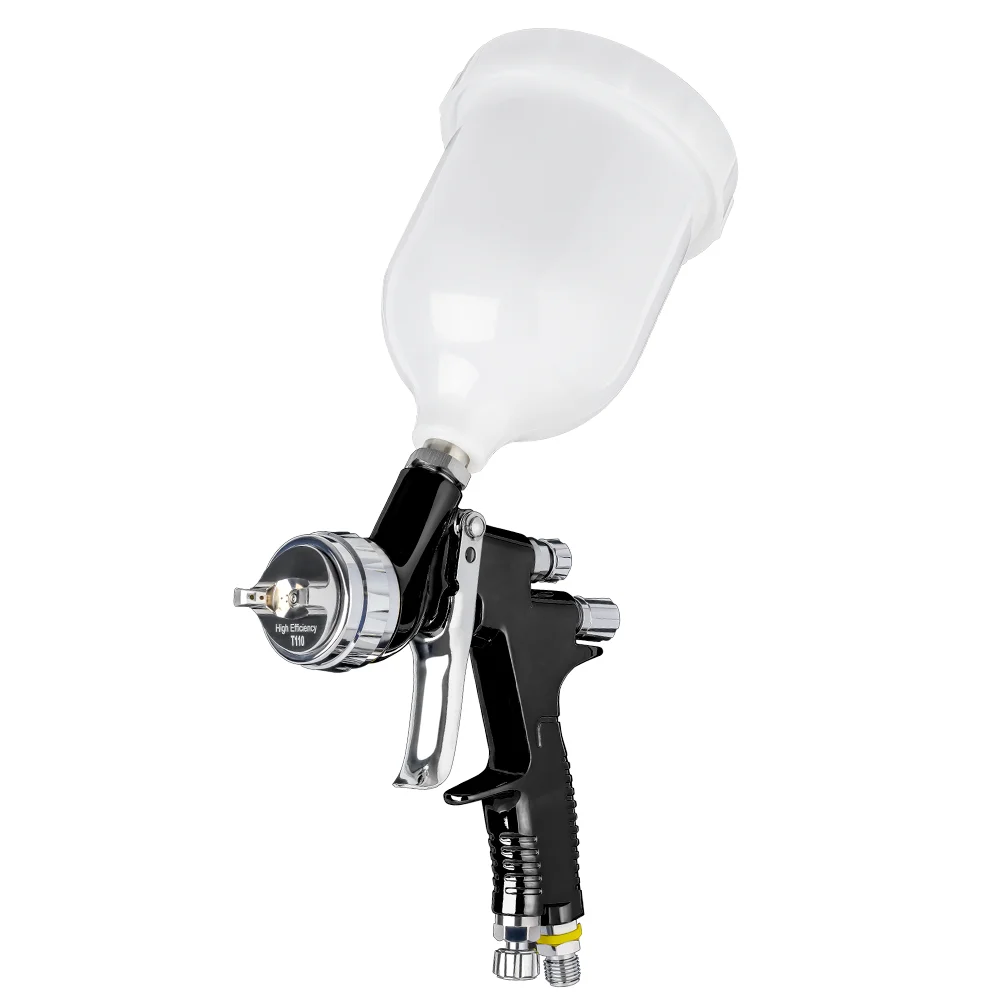 Professional T110 Paint Spray Gun - HVLP Gravity Feed with 1.3mm/1.8mm spraying nozzle, 600ml Cup, Black Finish for Car Repair.