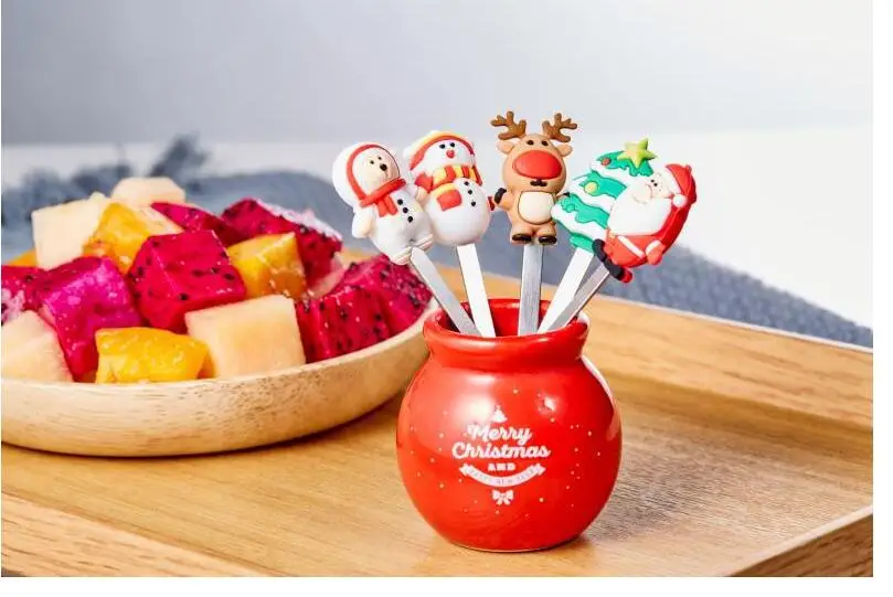New Arrival Christmas fruit fork silicone portable cake fork cartoon 430 stainless steel metal mini fruit fork for kids