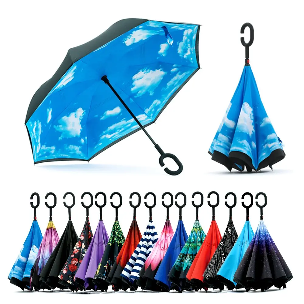 Wholesale Double Layer Inverted Reverse inverse Umbrella with C-Shaped Handle Anti-UV Waterproof Windproof umbrellas