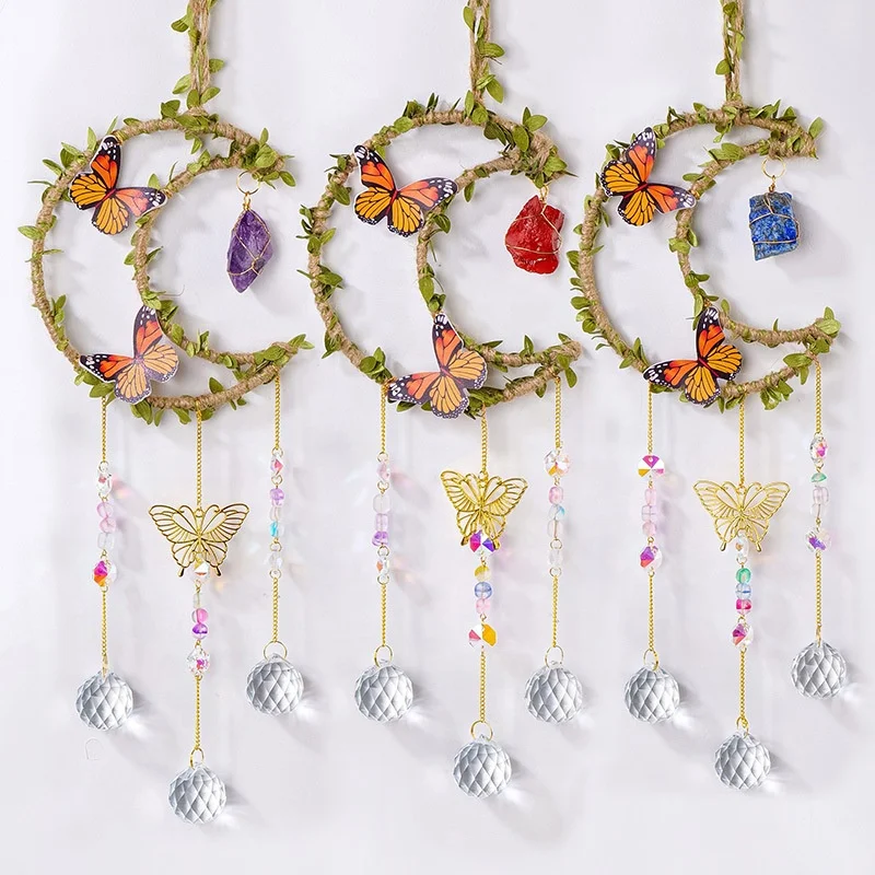 Cheap price green vine entanglement moon butterfly raw amethyst crystal ball sun catcher