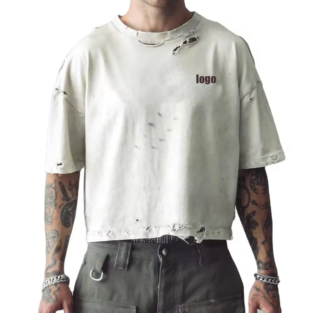 Wholesale Streetwear Blank Vintage Washed Tee Heavyweight Men Boxy Cropped Oversized Distressed T-shirt