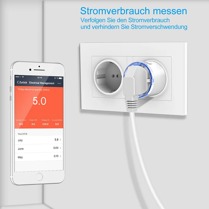 16A EU WIFI Smart Plug with Power Monitor Memory Function Work with AM alexa, Google home assistant