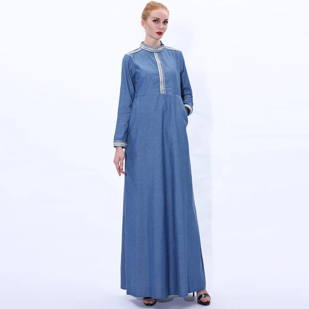 Ladies Muslim Dress Denim Long Sleeve Loose Robe Dubai Abaya Dress Turkish Fashion Denim Long Skirt 91206