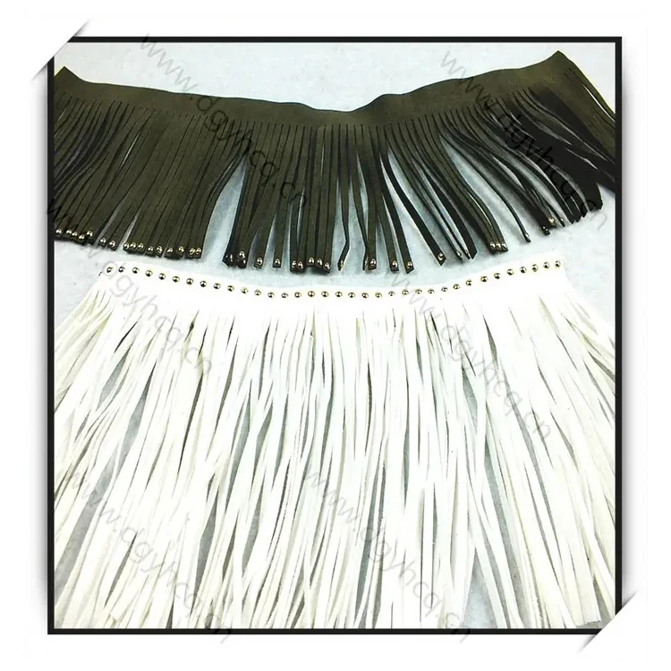 Fashion style long fringe trim microfiber suede leather fringe trim with rhinestone for shoes handbags pillow decoration