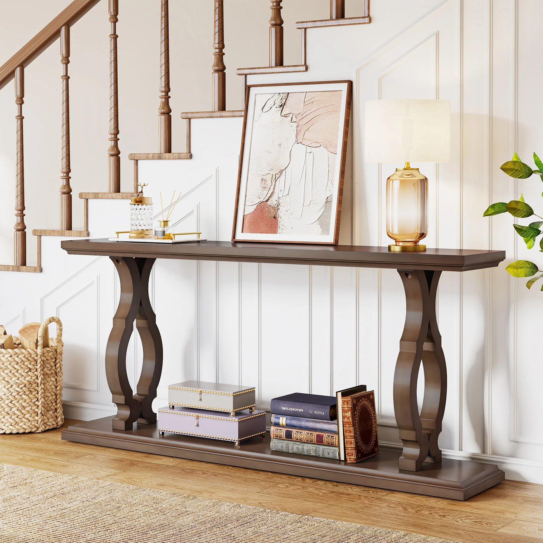 Modern antique farmhouse 2 tier entry console table wood vintage retro with open storage for living room entrance, hallway