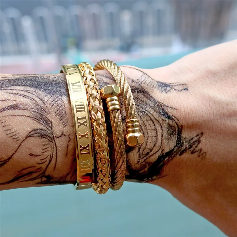 Stainless Steel Roman Numerals Cuff Bangles Set Adjustable Twist Bracelet Screw Nut Rome Gold Plating Titanium Steel Men Jewelry