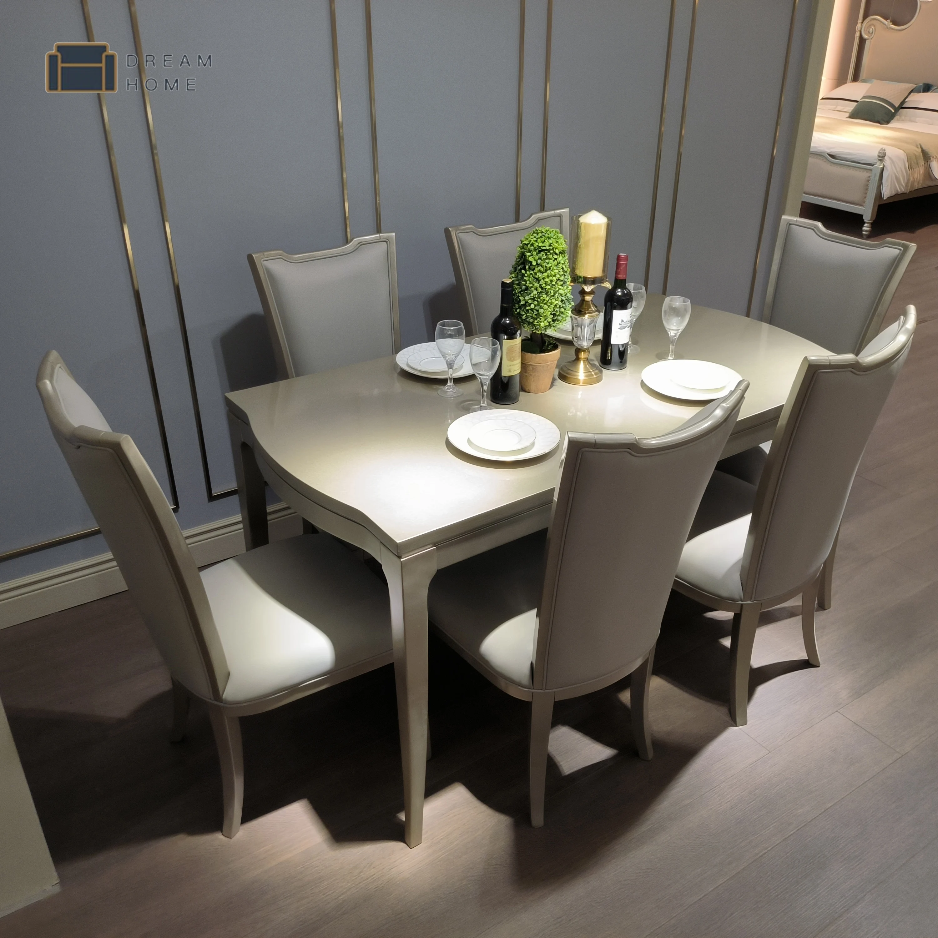 European style solid wood frame dining table set furniture luxury modern royal birch beech dining table set with dining chairs