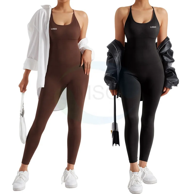 OEM Gym High Stretchy Adjustable Cross Strap Tummy Control One Piece Women Yoga Fitness Scrunch Butt Leggings Workout Jumpsuits
