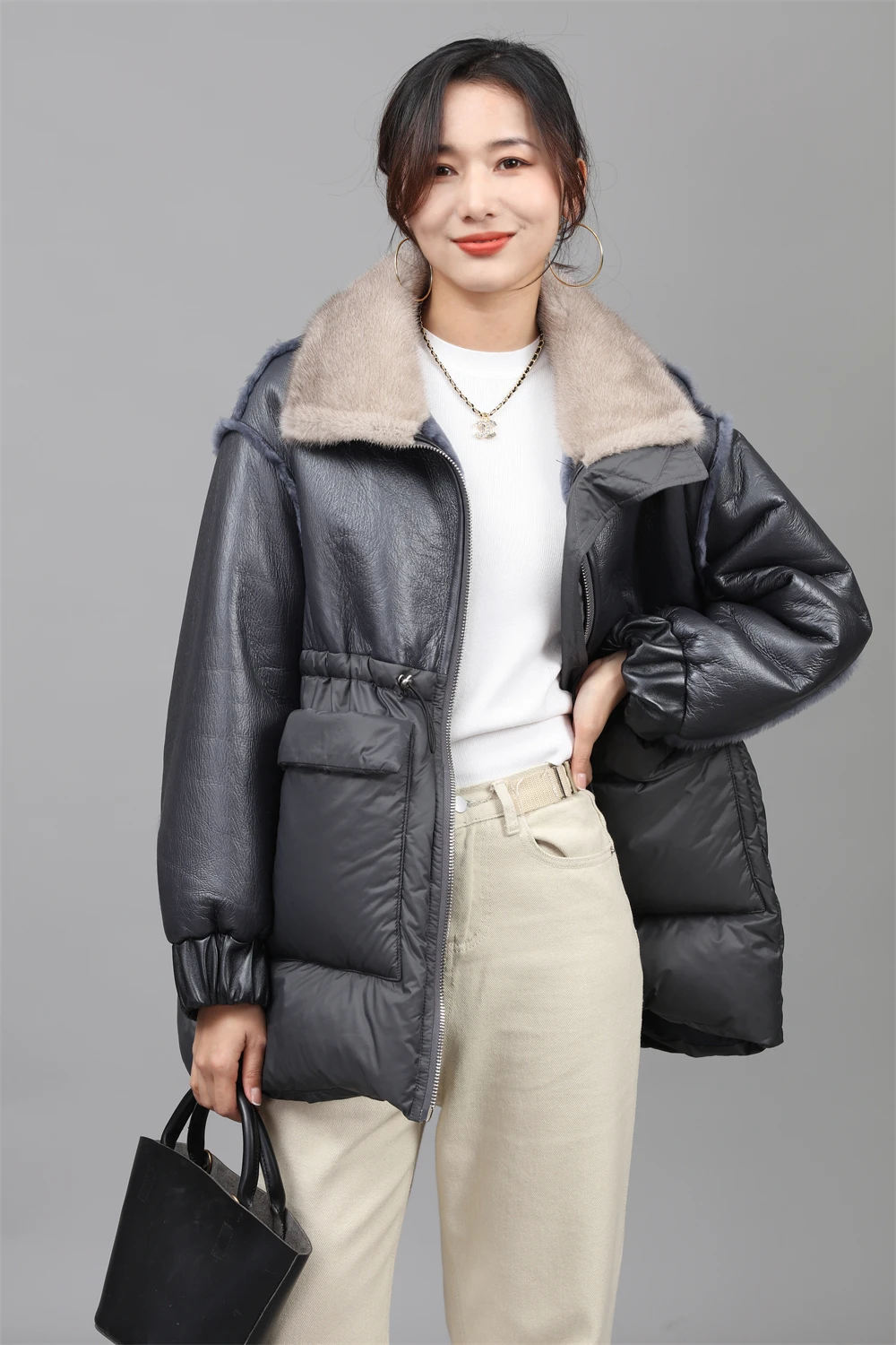 customized OEM ODM style  Winter Lady Long sheep skin Jacket mink fur Collar  down parka real Sheep fur  coat for  Women