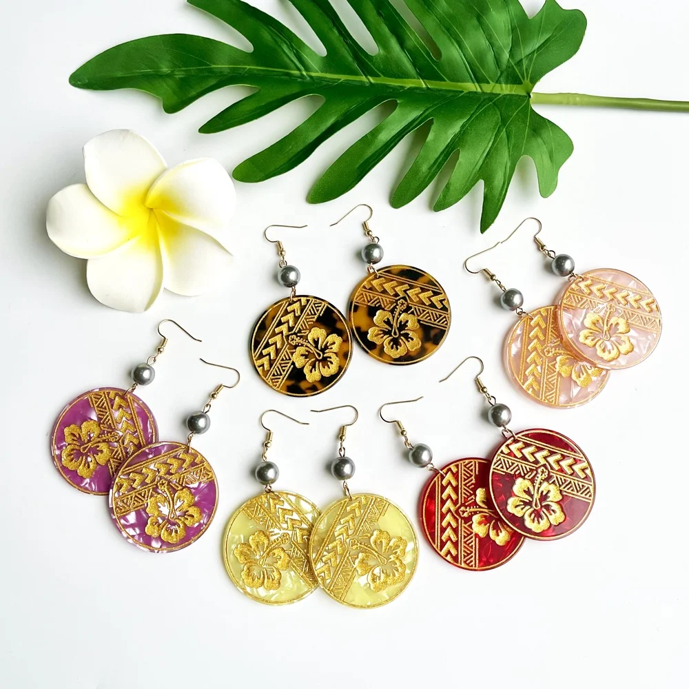 Oceanies Pacific Islander Fashion Jewelry Earrings Acetate Acrylic Earrings with Gold Flowers Tribals Carved Earrings