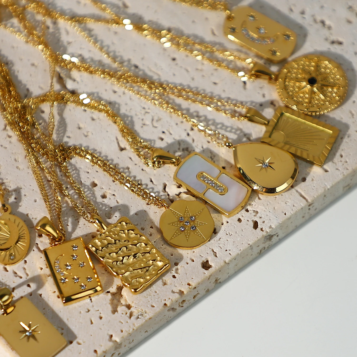 Stainless Steel Tarnish Free Waterproof Gold Plated North Star Starburst Moon Crescent Pendant Diamond Necklace