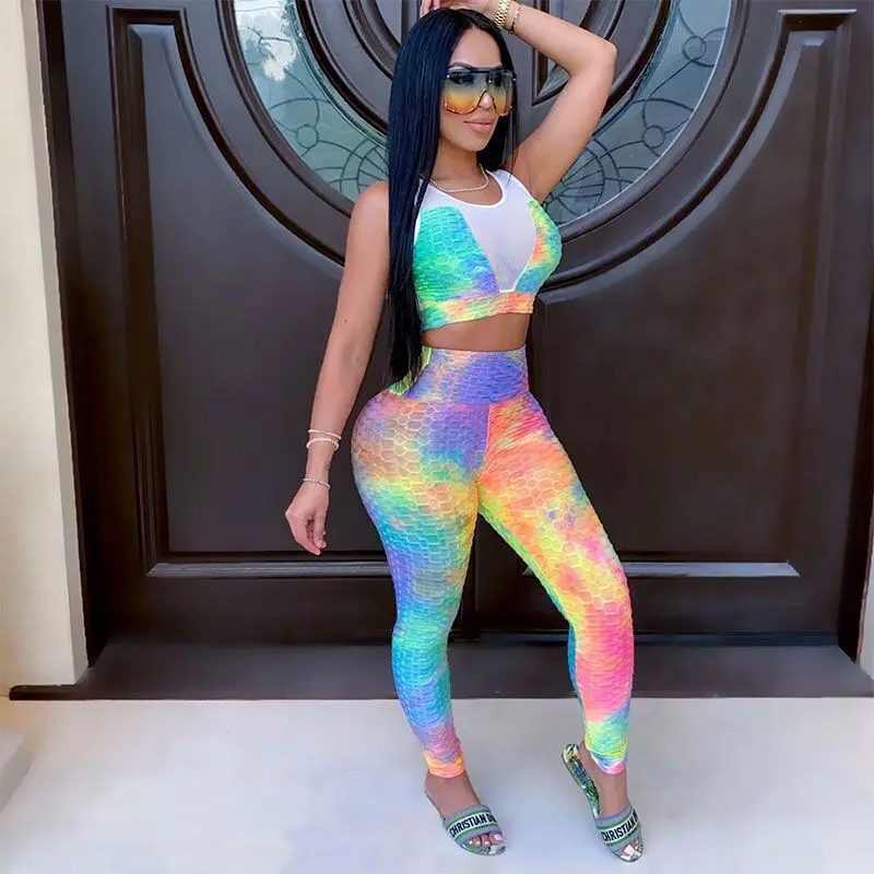 Wholesale Gym Fitness Sets Workout Clothing Women Anti Cellulite Scrunch Butt Leggings Set and Tie Dye Sports Bra