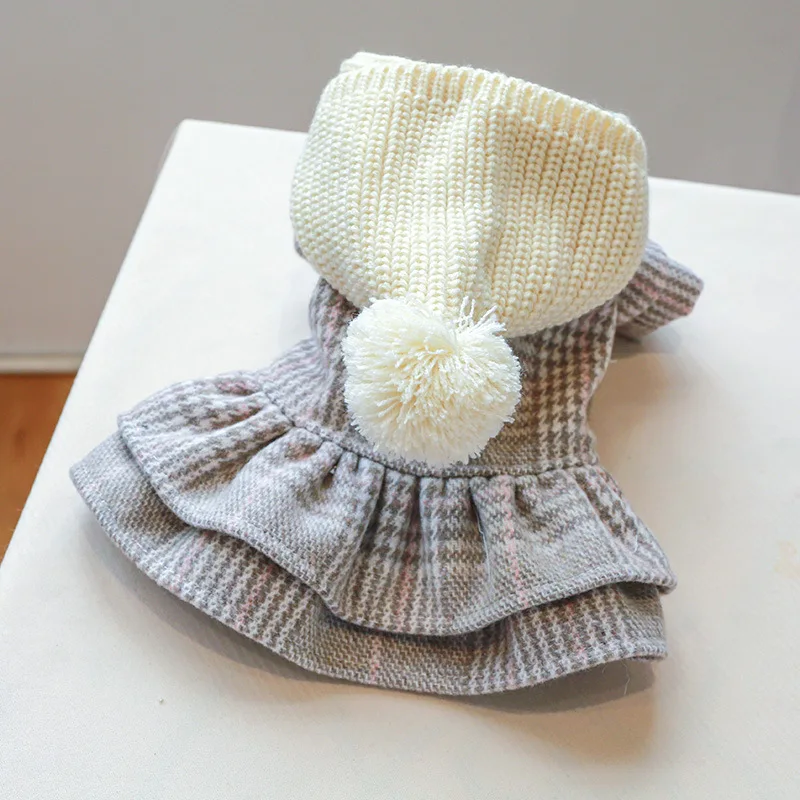 Pet Dog Wear Dog Dress With Hat Gray Plaid Small Medium Pet Hoodies
