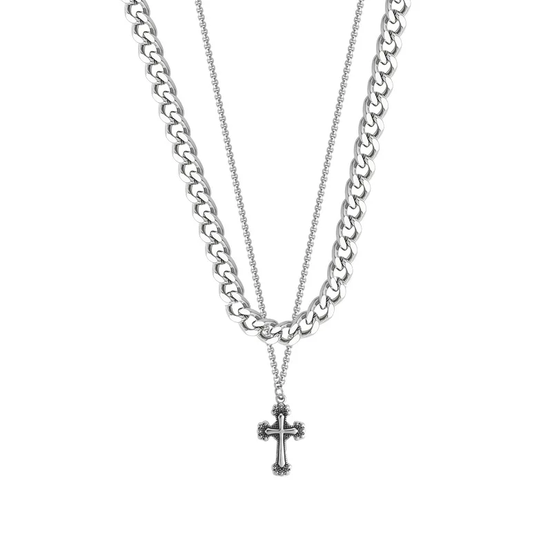 New Personalized Stainless Steel Cuban Chain Double layered Cross Pendant for Men and Women Street Hip Hop Rock Necklace