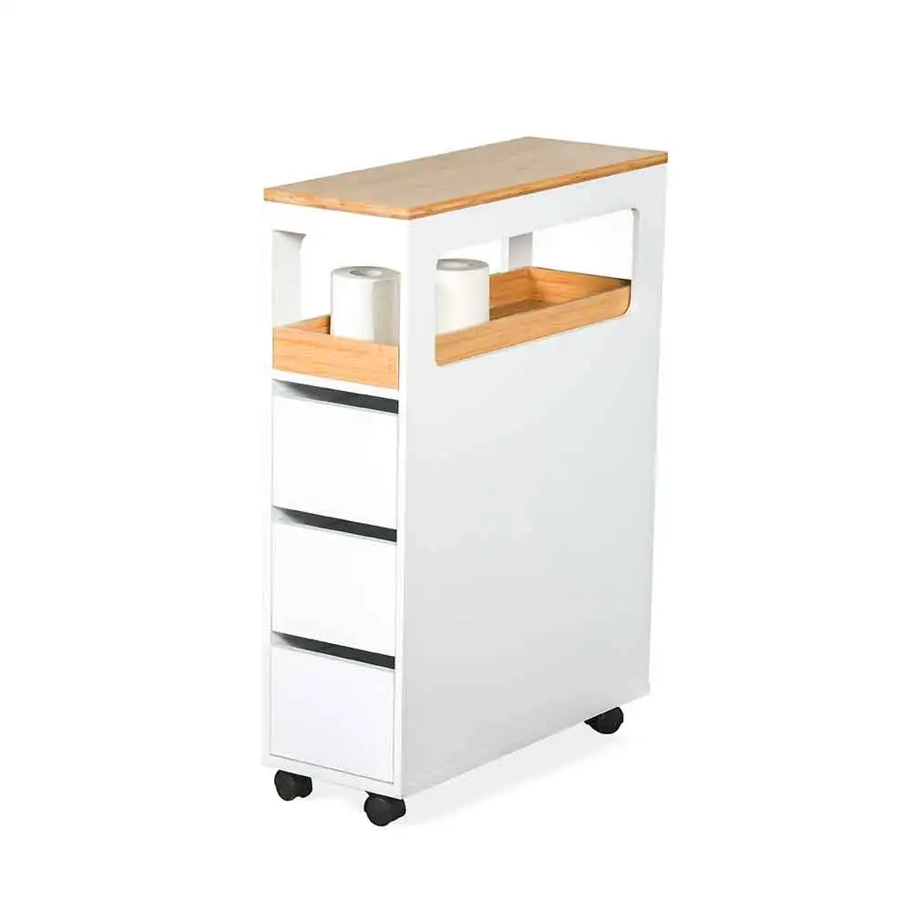 Factory Wholesale 4-layers Locker Wooden White Cabinet Organizer Storage Racks Toilet Shelf Bathroom Shelves With Wheels Drawers