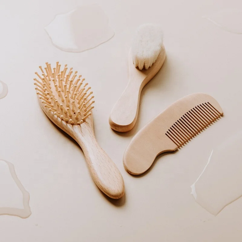 Wholesale factory price wooden baby brush three piece set custom name hair comb massage comb