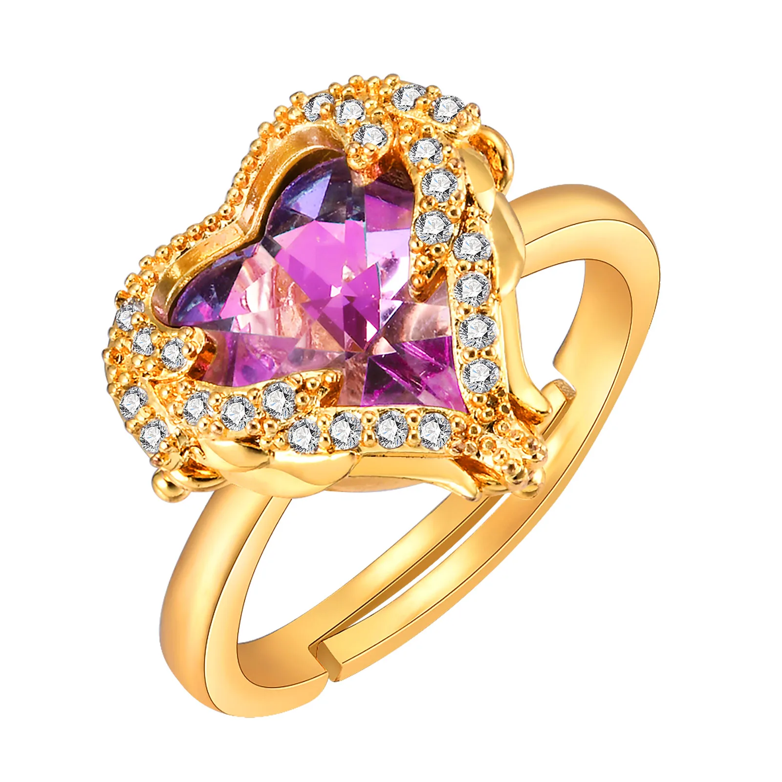 Rings Birthday Party Gifts Resizable Open Finger Ring Metal Glamour Heart CZ Stone for Women Girls, Trendy Gold Color Copper