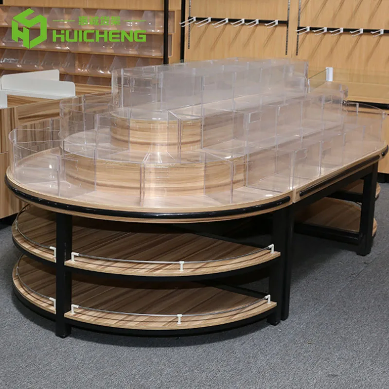 Customized supermarket dried fruit display stand gondola shelf snack island display candy display stand