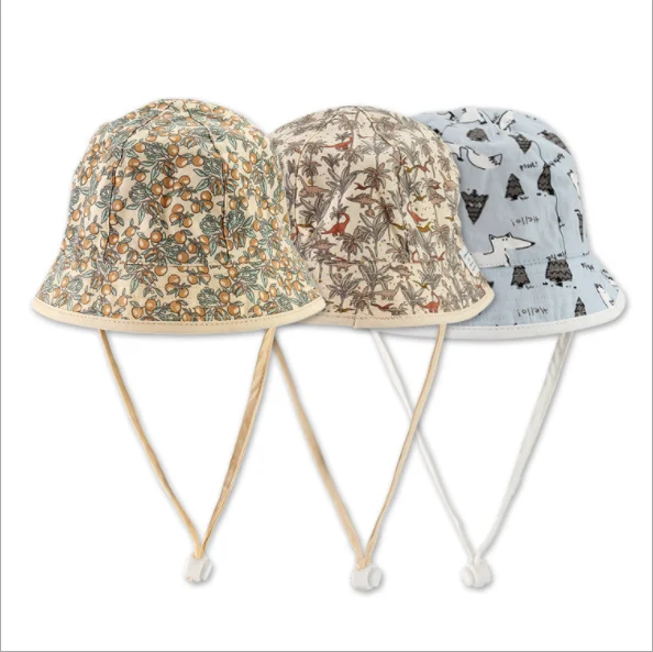 Шляпа с широкими полями для мальчиков и девочек, Брезентовая Панама с ремешком для подбородка, с принтом, защита от солнца, летняя