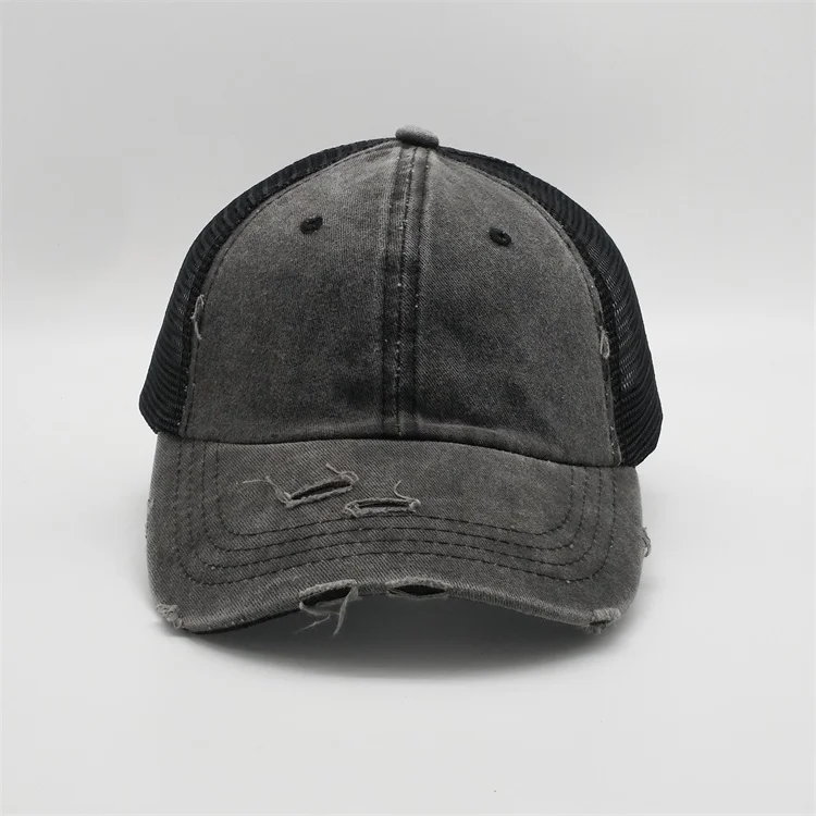 2019 Popular Denim Distressed Worn Out 6panel Mesh Ponytail Baseball Trucker Sports Hats Caps