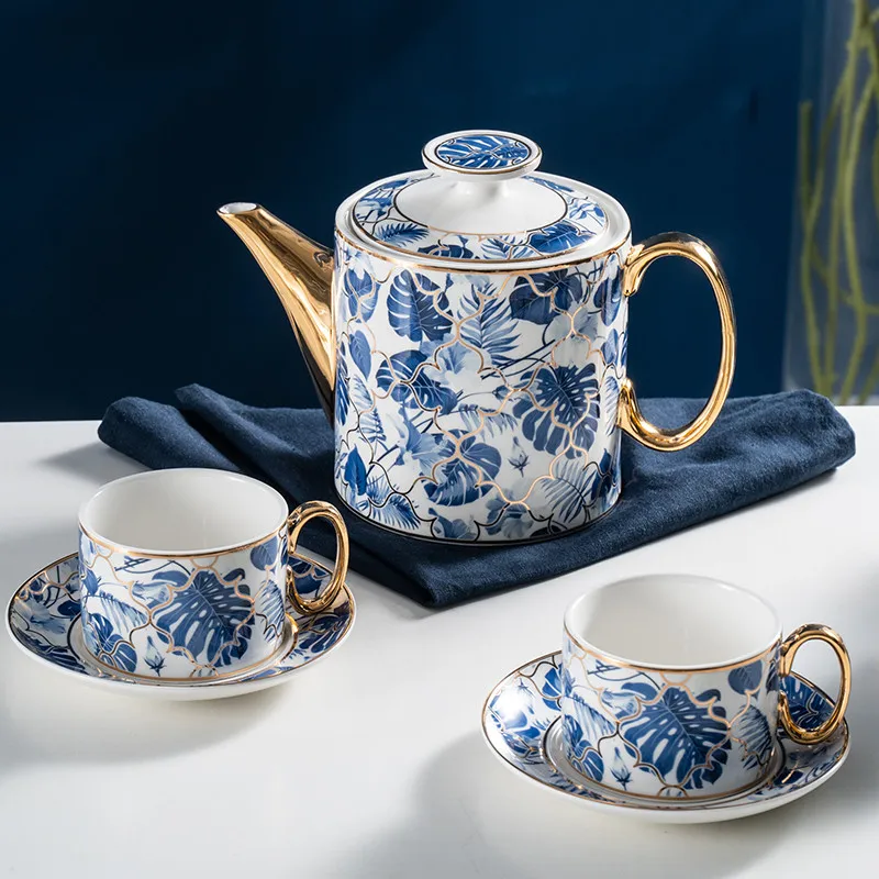 
European Royal Porcelain Tea And Coffee Set Luxury Blue Banana Leaf Design Bone China Tea Cup Set 