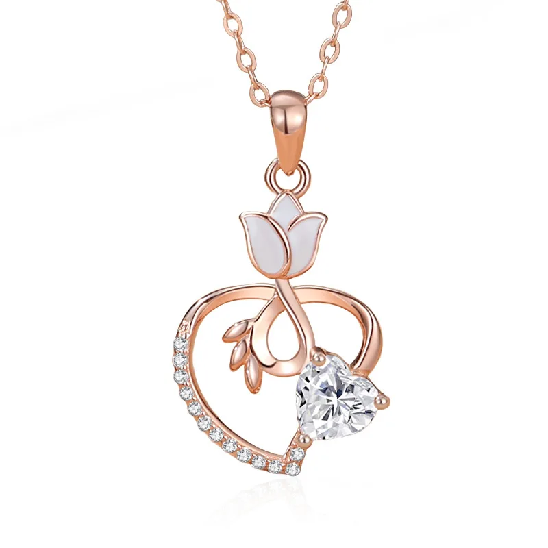 SPJ Romantic Hot Selling Gifts Necklace Rose Flower Heart Pendant Heart Shape CZ Diamond Rose Gold Plated 925 Silver Necklace