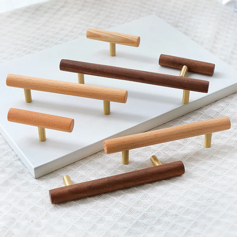 Nordic Wooden Long Drawer Knobs T bar Handle Walnut Cupboard Pulls Kitchen Wood Cabinet Door Handle