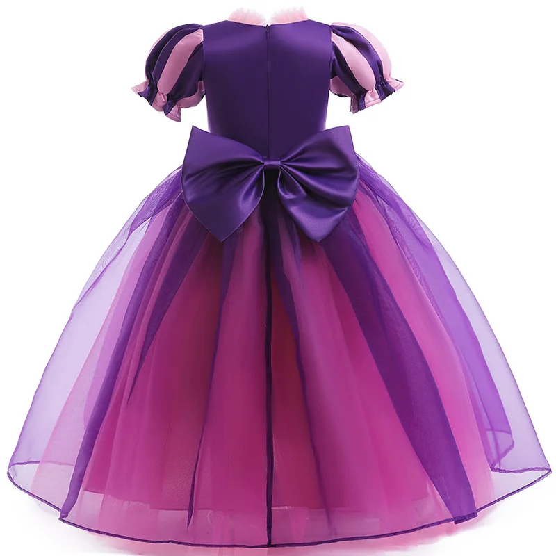 Hot Selling Trendy Criss-cross Design Halloween Ball Gown Purple Short SLeeve Girls Princess Dress For Banquet
