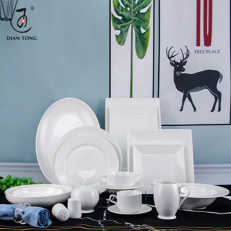 DianTong factory price hotel plain white ceramic tableware set restaurant crockery dinnerware set porcelain dinner set