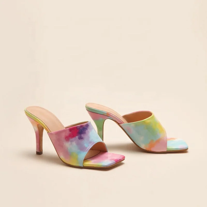 New Arrivals 2022 Rainbow Color Woman Sandals Leather Square Toe Tie Dry Colorful Middle Heel Summer Designer Slippers Women