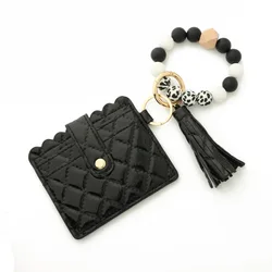 2022 In Stock Silicon Beads Bracelet Keychain Pu Leather Tassel Geometry Sewing Silicon Beads Wristlet Keychain Wallet for Women