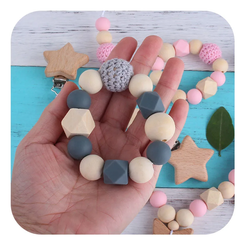 New Style 3pcs/Set Teething Crochet Beads Bracelet Wooden Pacifier Clip Chain Baby Soothe Pacifier Chain Set