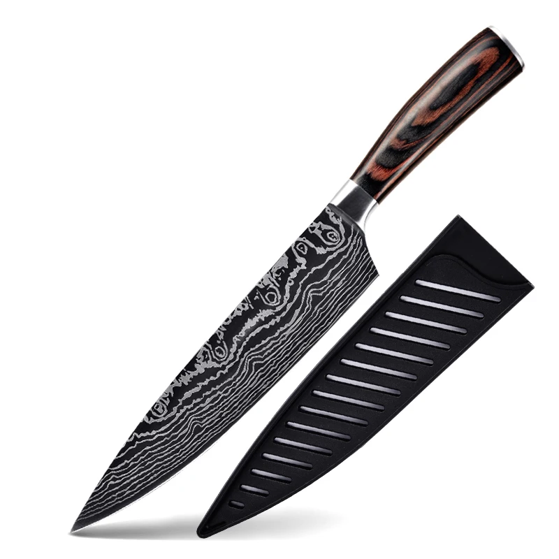 
Konoll Amazon Hot Sales 8 INCH Color Wood Handle Kitchen Cook Knife OEM/ODM 7cr17Mov Steel With Laser Damascus Pattern 