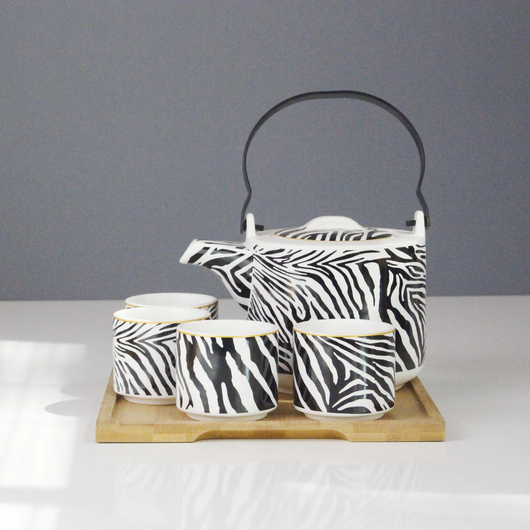 Ceramic tea set Tea pot with 4 tea cups Zebra decal pattern Bamboo wooden tray custom for daily use gift shop market