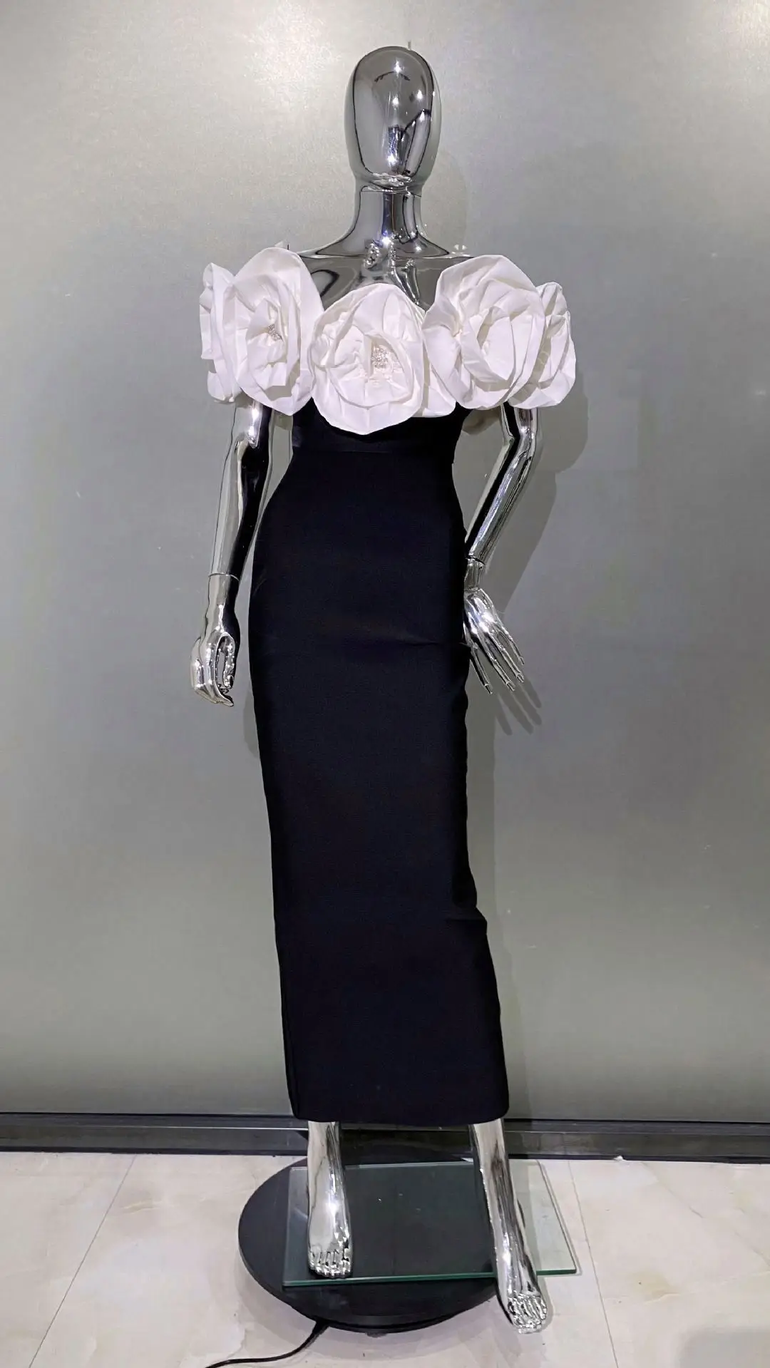 Amazon Cross-Border Hot Three-Dimensional Large Flower Off-Shoulder Hip Bag Dress Fashion Elegant Party Bandage Dress