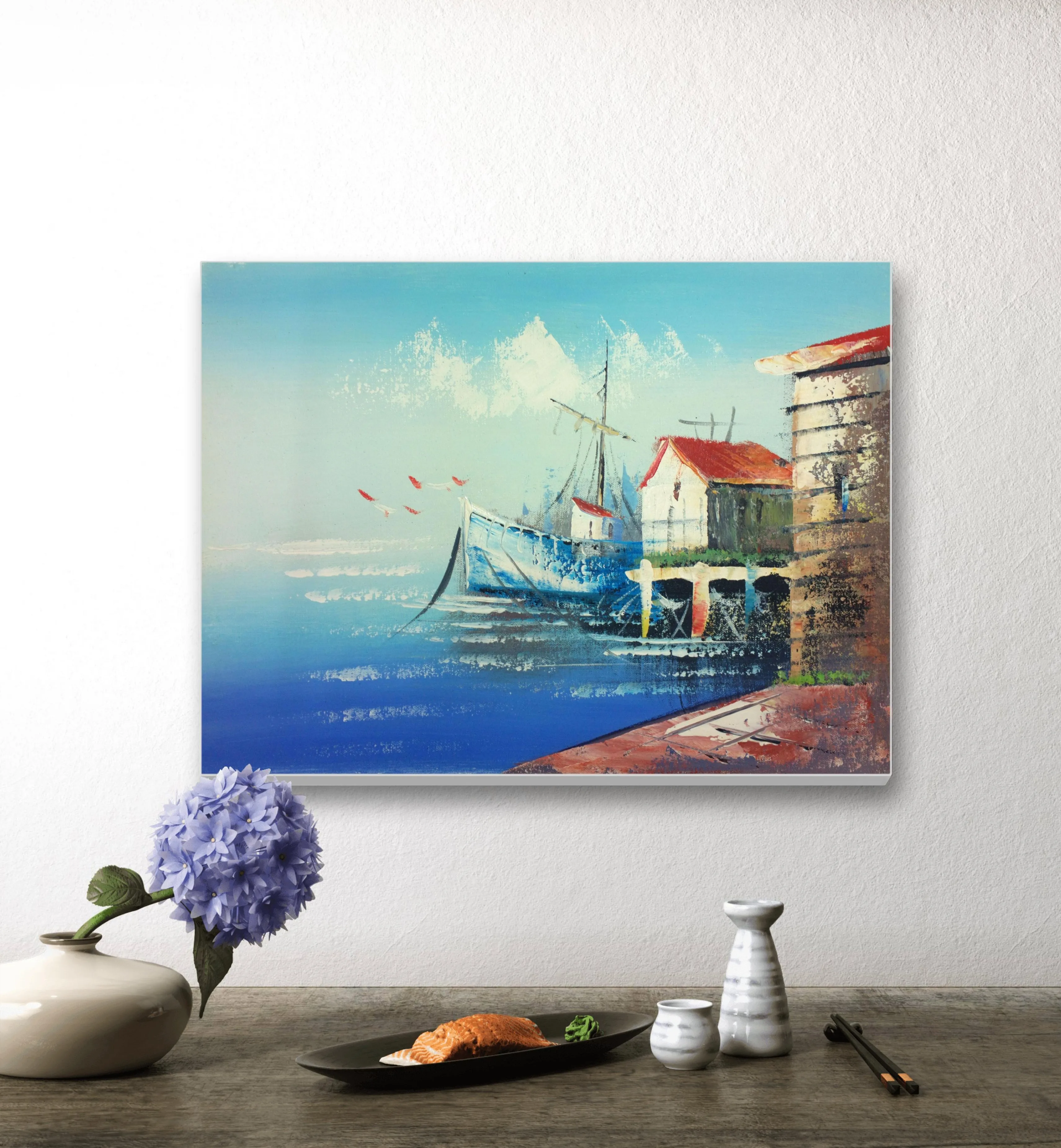 Hand drawn modern style seaside landscape painting ultra low price pure canvas Handmade painting